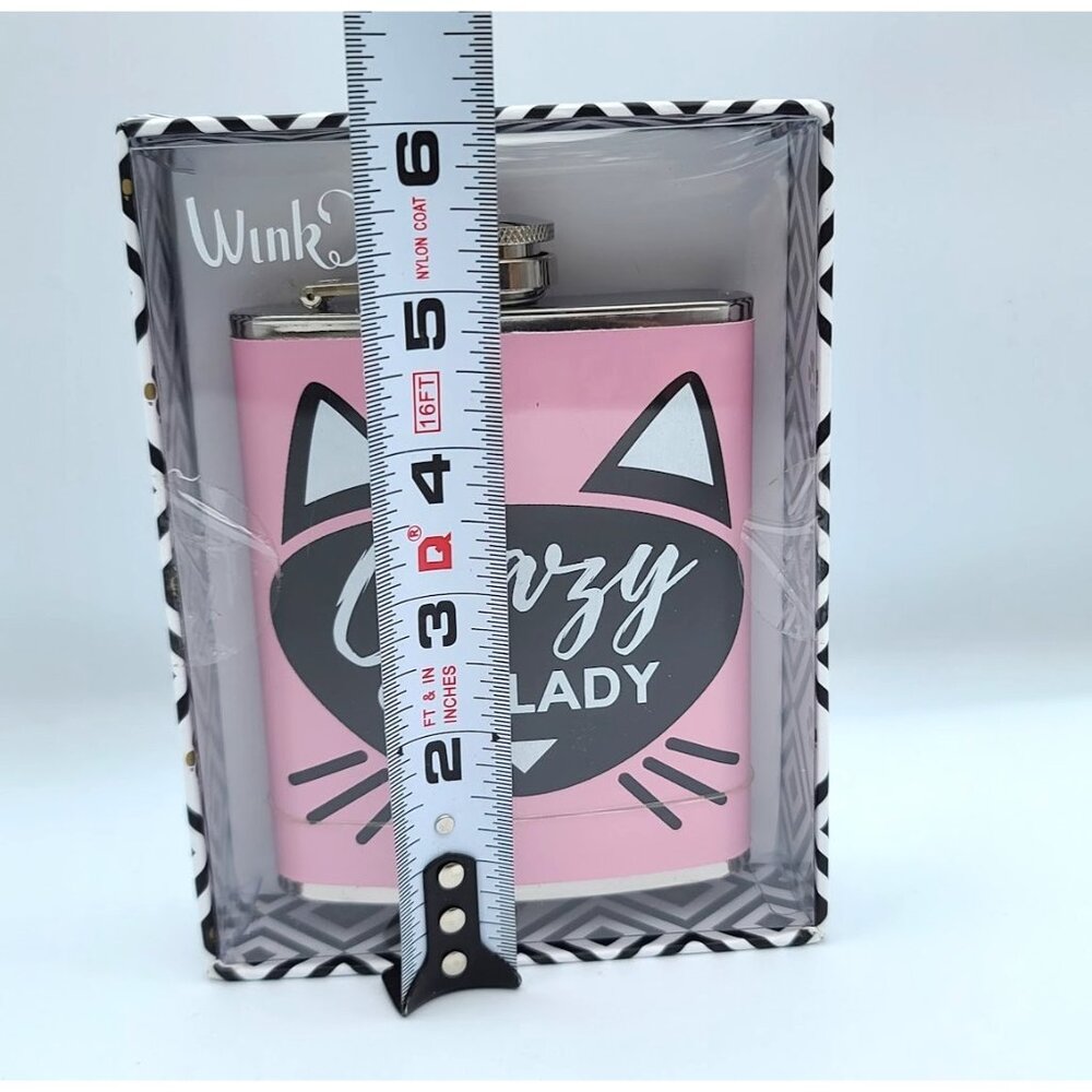Wink Crazy Cat Lady Hip Flask 7 oz Pink Silver New in Box - Picture 2 of 4